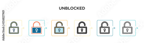 Unblocked vector icon in 6 different modern styles. Black, two colored unblocked icons designed in filled, outline, line and stroke style. Vector illustration can be used for web, mobile, ui