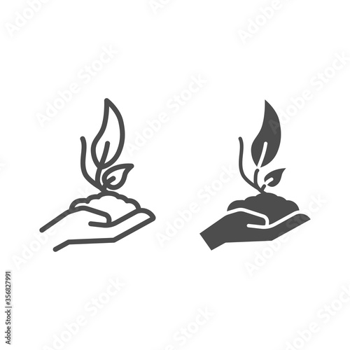 Hand holds sprout in soil line and solid icon, ecology concept, seedling with handful of soil on hand sign on white background, Human palm with young plant icon in outline style. Vector graphics.