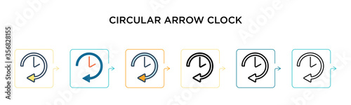 Circular arrow clock vector icon in 6 different modern styles. Black, two colored circular arrow clock icons designed in filled, outline, line and stroke style. Vector illustration can be used for