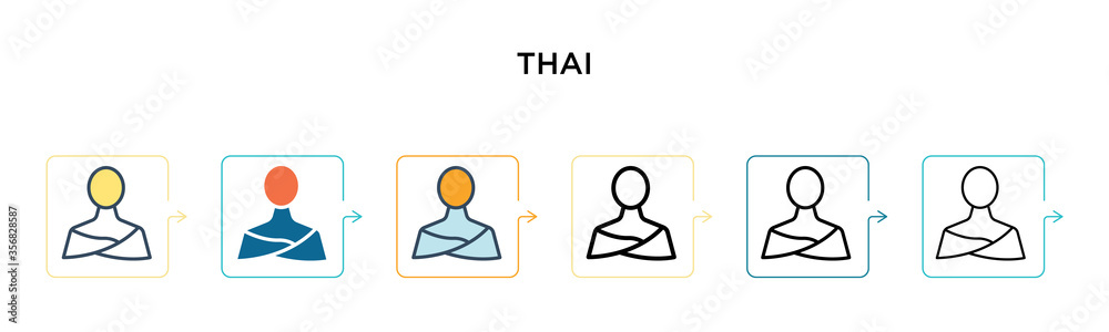 Thai vector icon in 6 different modern styles. Black, two colored thai icons designed in filled, outline, line and stroke style. Vector illustration can be used for web, mobile, ui Thai vector icon in 6 different modern styles. Black, two colored thai icons designed in filled, outline, line and stroke style. Vector illustration can be used for web, mobile, ui