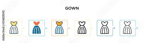 Gown vector icon in 6 different modern styles. Black, two colored gown icons designed in filled, outline, line and stroke style. Vector illustration can be used for web, mobile, ui