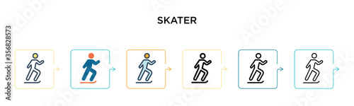 Skater vector icon in 6 different modern styles. Black, two colored skater icons designed in filled, outline, line and stroke style. Vector illustration can be used for web, mobile, ui