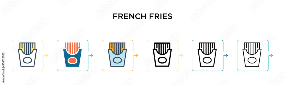 French fries vector icon in 6 different modern styles. Black, two colored french fries icons designed in filled, outline, line and stroke style. Vector illustration can be used for web, mobile, ui French fries vector icon in 6 different modern styles. Black, two colored french fries icons designed in filled, outline, line and stroke style. Vector illustration can be used for web, mobile, ui