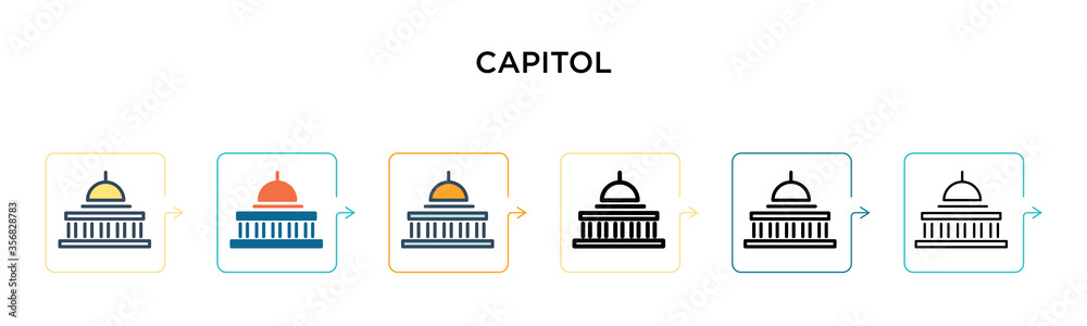 Capitol vector icon in 6 different modern styles. Black, two colored capitol icons designed in filled, outline, line and stroke style. Vector illustration can be used for web, mobile, ui
