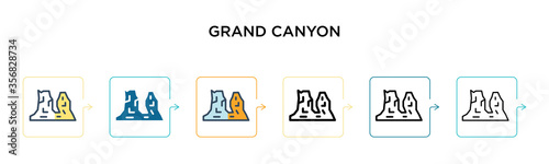 Grand canyon vector icon in 6 different modern styles. Black, two colored grand canyon icons designed in filled, outline, line and stroke style. Vector illustration can be used for web, mobile, ui