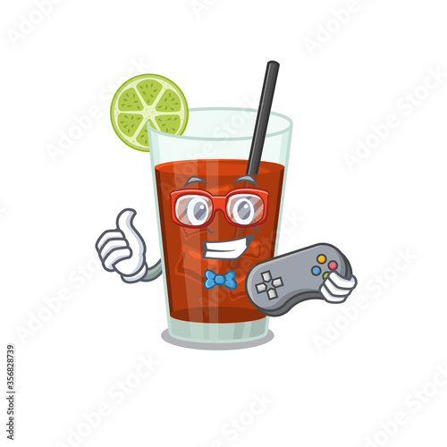 Mascot design style of cuba libre cocktail gamer playing with controller