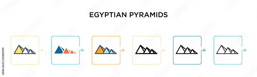 Egyptian pyramids vector icon in 6 different modern styles. Black, two colored egyptian pyramids icons designed in filled, outline, line and stroke style. Vector illustration can be used for web, Egyptian pyramids vector icon in 6 different modern styles. Black, two colored egyptian pyramids icons designed in filled, outline, line and stroke style. Vector illustration can be used for web,