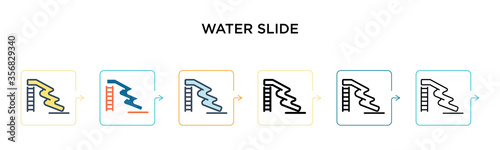 Water slide vector icon in 6 different modern styles. Black, two colored water slide icons designed in filled, outline, line and stroke style. Vector illustration can be used for web, mobile, ui