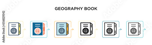 Geography book vector icon in 6 different modern styles. Black, two colored geography book icons designed in filled, outline, line and stroke style. Vector illustration can be used for web, mobile, ui © Premium Art