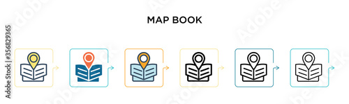 Map book vector icon in 6 different modern styles. Black, two colored map book icons designed in filled, outline, line and stroke style. Vector illustration can be used for web, mobile, ui