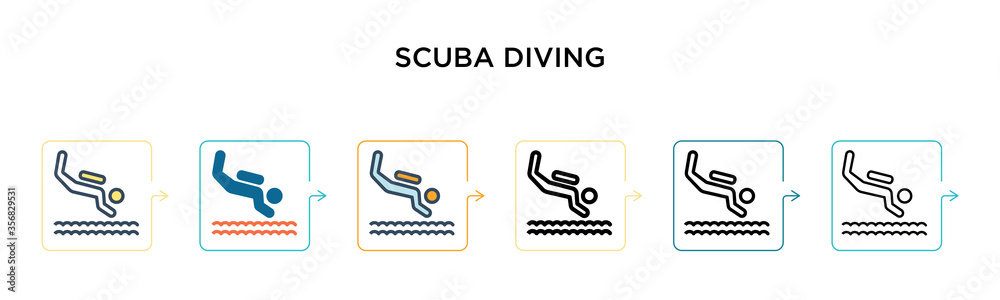 Scuba diving vector icon in 6 different modern styles. Black, two colored scuba diving icons designed in filled, outline, line and stroke style. Vector illustration can be used for web, mobile, ui
