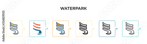 Waterpark vector icon in 6 different modern styles. Black, two colored waterpark icons designed in filled, outline, line and stroke style. Vector illustration can be used for web, mobile, ui