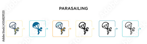 Parasailing vector icon in 6 different modern styles. Black, two colored parasailing icons designed in filled, outline, line and stroke style. Vector illustration can be used for web, mobile, ui