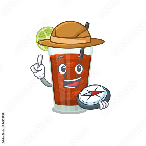 mascot design concept of cuba libre cocktail explorer using a compass in the forest