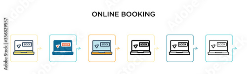 Online booking vector icon in 6 different modern styles. Black, two colored online booking icons designed in filled, outline, line and stroke style. Vector illustration can be used for web, mobile, ui