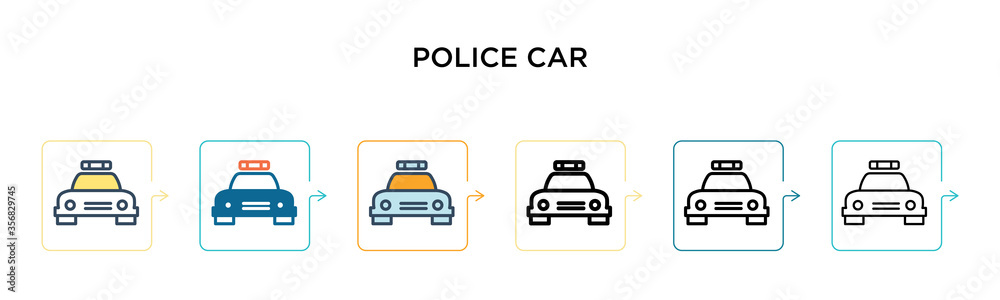 Police car vector icon in 6 different modern styles. Black, two colored police car icons designed in filled, outline, line and stroke style. Vector illustration can be used for web, mobile, ui