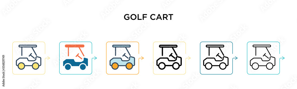 Golf cart vector icon in 6 different modern styles. Black, two colored golf cart icons designed in filled, outline, line and stroke style. Vector illustration can be used for web, mobile, ui Golf cart vector icon in 6 different modern styles. Black, two colored golf cart icons designed in filled, outline, line and stroke style. Vector illustration can be used for web, mobile, ui