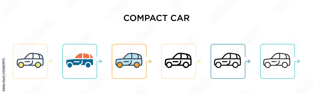 Compact car vector icon in 6 different modern styles. Black, two colored compact car icons designed in filled, outline, line and stroke style. Vector illustration can be used for web, mobile, ui