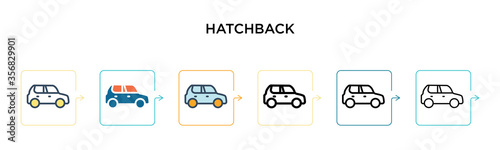 Hatchback vector icon in 6 different modern styles. Black, two colored hatchback icons designed in filled, outline, line and stroke style. Vector illustration can be used for web, mobile, ui