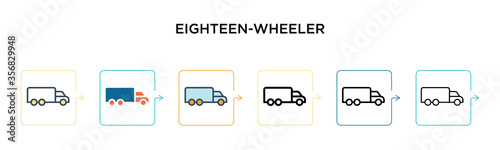 Eighteen-wheeler vector icon in 6 different modern styles. Black, two colored eighteen-wheeler icons designed in filled, outline, line and stroke style. Vector illustration can be used for web,