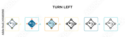 Turn left sign vector icon in 6 different modern styles. Black, two colored turn left sign icons designed in filled, outline, line and stroke style. Vector illustration can be used for web, mobile, ui
