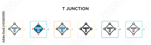 T junction sign vector icon in 6 different modern styles. Black, two colored t junction sign icons designed in filled, outline, line and stroke style. Vector illustration can be used for web, mobile,