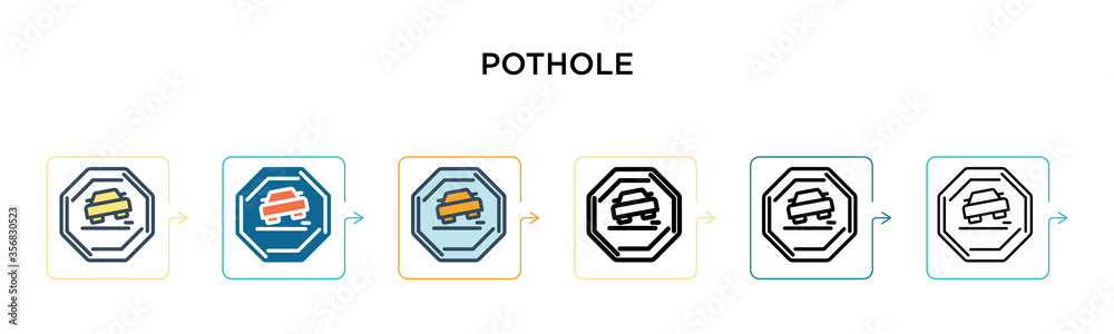 Pothole vector icon in 6 different modern styles. Black, two colored pothole icons designed in filled, outline, line and stroke style. Vector illustration can be used for web, mobile, ui