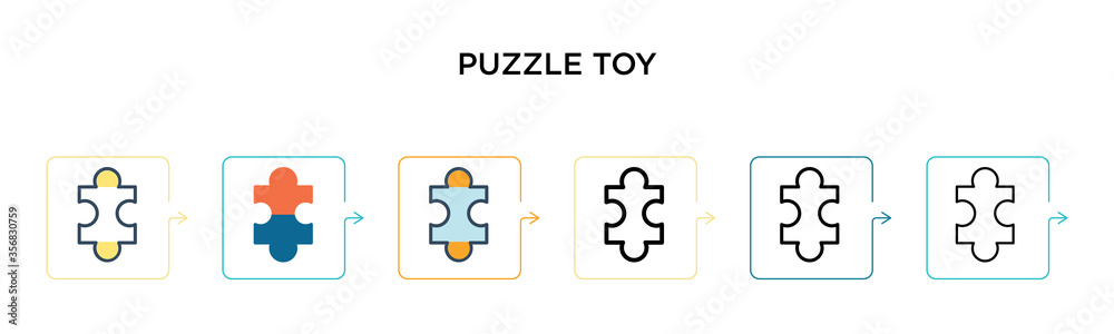 Puzzle toy vector icon in 6 different modern styles. Black, two colored puzzle toy icons designed in filled, outline, line and stroke style. Vector illustration can be used for web, mobile, ui