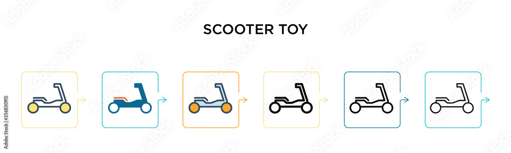 Scooter toy vector icon in 6 different modern styles. Black, two colored scooter toy icons designed in filled, outline, line and stroke style. Vector illustration can be used for web, mobile, ui Scooter toy vector icon in 6 different modern styles. Black, two colored scooter toy icons designed in filled, outline, line and stroke style. Vector illustration can be used for web, mobile, ui
