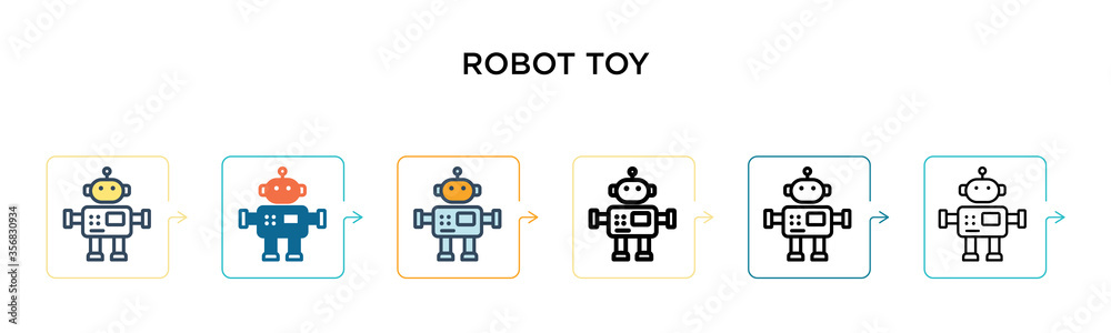 Robot toy vector icon in 6 different modern styles. Black, two colored robot toy icons designed in filled, outline, line and stroke style. Vector illustration can be used for web, mobile, ui