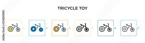 Tricycle toy vector icon in 6 different modern styles. Black, two colored tricycle toy icons designed in filled, outline, line and stroke style. Vector illustration can be used for web, mobile, ui