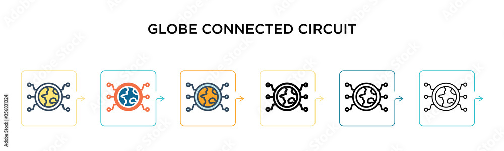 Globe connected circuit vector icon in 6 different modern styles. Black, two colored globe connected circuit icons designed in filled, outline, line and stroke style. Vector illustration can be used Globe connected circuit vector icon in 6 different modern styles. Black, two colored globe connected circuit icons designed in filled, outline, line and stroke style. Vector illustration can be used