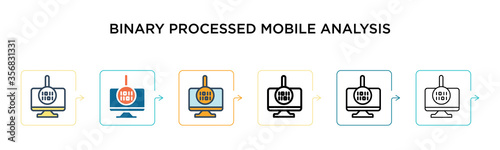 Binary processed mobile analysis vector icon in 6 different modern styles. Black, two colored binary processed mobile analysis icons designed in filled, outline, line and stroke style. Vector