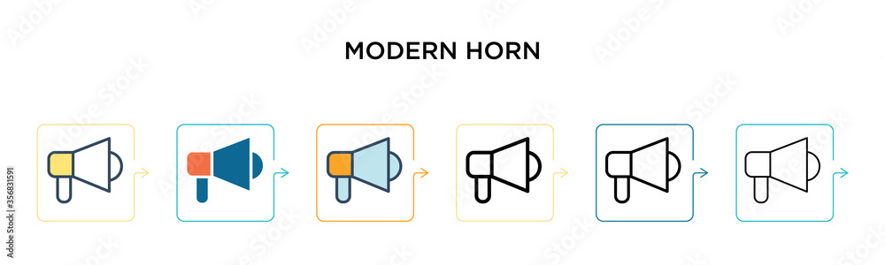 Modern horn vector icon in 6 different modern styles. Black, two colored modern horn icons designed in filled, outline, line and stroke style. Vector illustration can be used for web, mobile, ui Modern horn vector icon in 6 different modern styles. Black, two colored modern horn icons designed in filled, outline, line and stroke style. Vector illustration can be used for web, mobile, ui