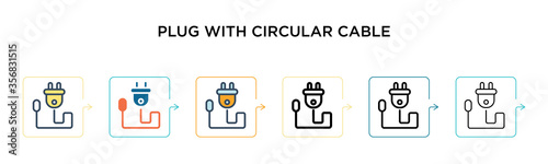 Plug with circular cable vector icon in 6 different modern styles. Black, two colored plug with circular cable icons designed in filled, outline, line and stroke style. Vector illustration can be used