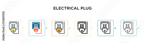 Electrical plug vector icon in 6 different modern styles. Black, two colored electrical plug icons designed in filled, outline, line and stroke style. Vector illustration can be used for web, mobile,