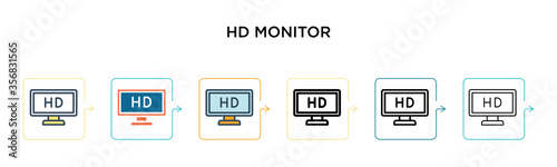Hd monitor vector icon in 6 different modern styles. Black, two colored hd monitor icons designed in filled, outline, line and stroke style. Vector illustration can be used for web, mobile, ui