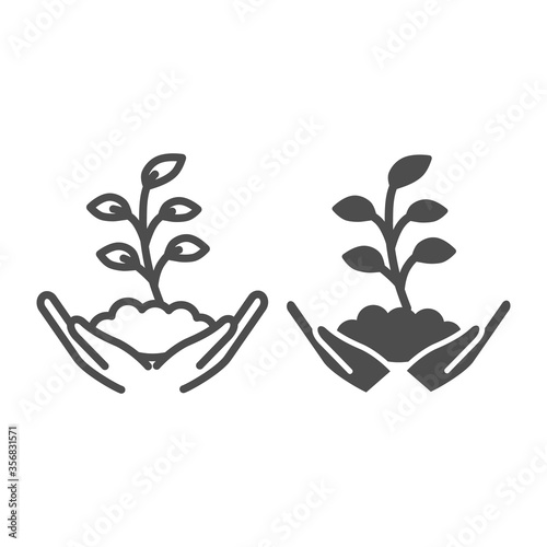 Hand holds small plant with many leaves line and solid icon, Ecology concept, sprout growing in ground sign on white background, sprout in hands icon in outline style for mobile, web. Vector graphics.