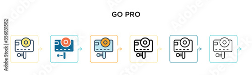 Go pro vector icon in 6 different modern styles. Black, two colored go pro icons designed in filled, outline, line and stroke style. Vector illustration can be used for web, mobile, ui