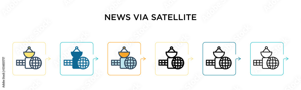 News via satellite vector icon in 6 different modern styles. Black, two colored news via satellite icons designed in filled, outline, line and stroke style. Vector illustration can be used for web, News via satellite vector icon in 6 different modern styles. Black, two colored news via satellite icons designed in filled, outline, line and stroke style. Vector illustration can be used for web,