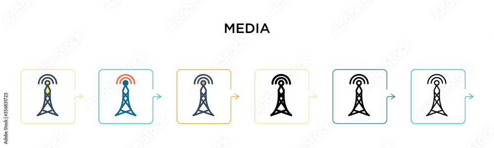 Media signal tower vector icon in 6 different modern styles. Black, two colored media signal tower icons designed in filled, outline, line and stroke style. Vector illustration can be used for web, Media signal tower vector icon in 6 different modern styles. Black, two colored media signal tower icons designed in filled, outline, line and stroke style. Vector illustration can be used for web,