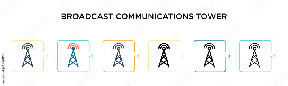 Broadcast communications tower vector icon in 6 different modern styles. Black, two colored broadcast communications tower icons designed in filled, outline, line and stroke style. Vector illustration Broadcast communications tower vector icon in 6 different modern styles. Black, two colored broadcast communications tower icons designed in filled, outline, line and stroke style. Vector illustration