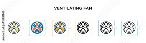 Ventilating fan vector icon in 6 different modern styles. Black, two colored ventilating fan icons designed in filled, outline, line and stroke style. Vector illustration can be used for web, mobile,