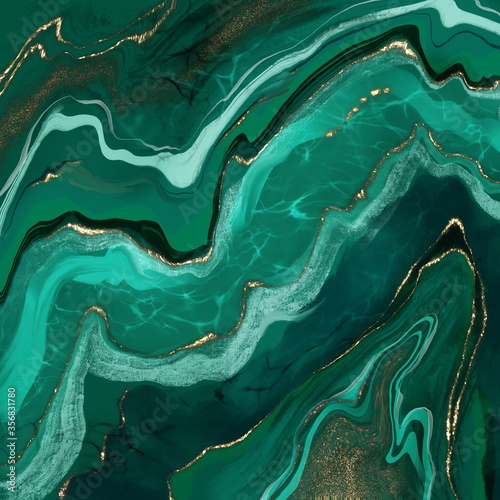 Foto Seamless texture malachite. Abstract green background with gold