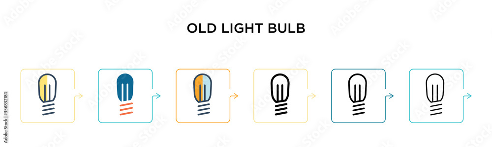 Old light bulb vector icon in 6 different modern styles. Black, two colored old light bulb icons designed in filled, outline, line and stroke style. Vector illustration can be used for web, mobile, ui