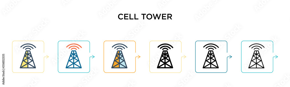 Cell tower vector icon in 6 different modern styles. Black, two colored cell tower icons designed in filled, outline, line and stroke style. Vector illustration can be used for web, mobile, ui Cell tower vector icon in 6 different modern styles. Black, two colored cell tower icons designed in filled, outline, line and stroke style. Vector illustration can be used for web, mobile, ui