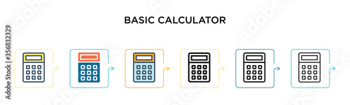 Basic calculator vector icon in 6 different modern styles. Black, two colored basic calculator icons designed in filled, outline, line and stroke style. Vector illustration can be used for web,