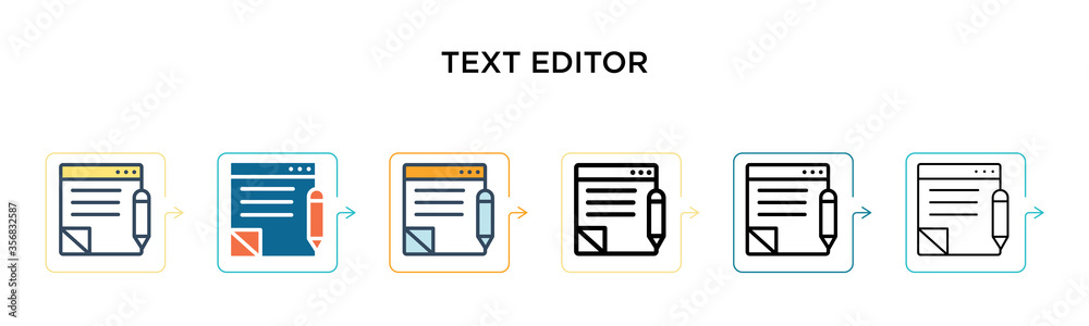 Text editor vector icon in 6 different modern styles. Black, two colored text editor icons designed in filled, outline, line and stroke style. Vector illustration can be used for web, mobile, ui Text editor vector icon in 6 different modern styles. Black, two colored text editor icons designed in filled, outline, line and stroke style. Vector illustration can be used for web, mobile, ui