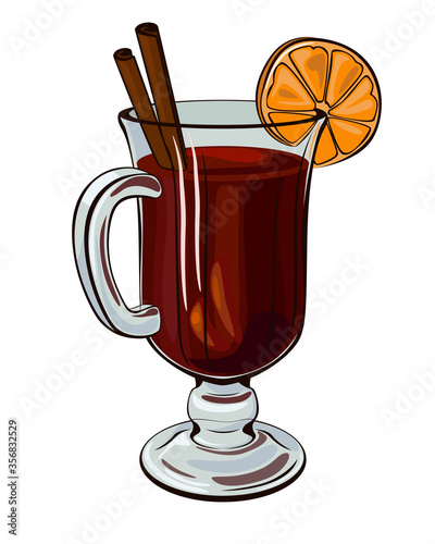 Mulled wine with orange slice and cinnamon.