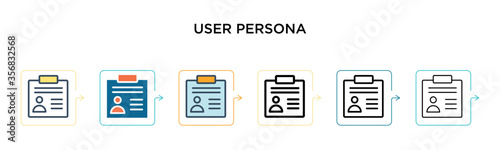 User persona vector icon in 6 different modern styles. Black, two colored user persona icons designed in filled, outline, line and stroke style. Vector illustration can be used for web, mobile, ui